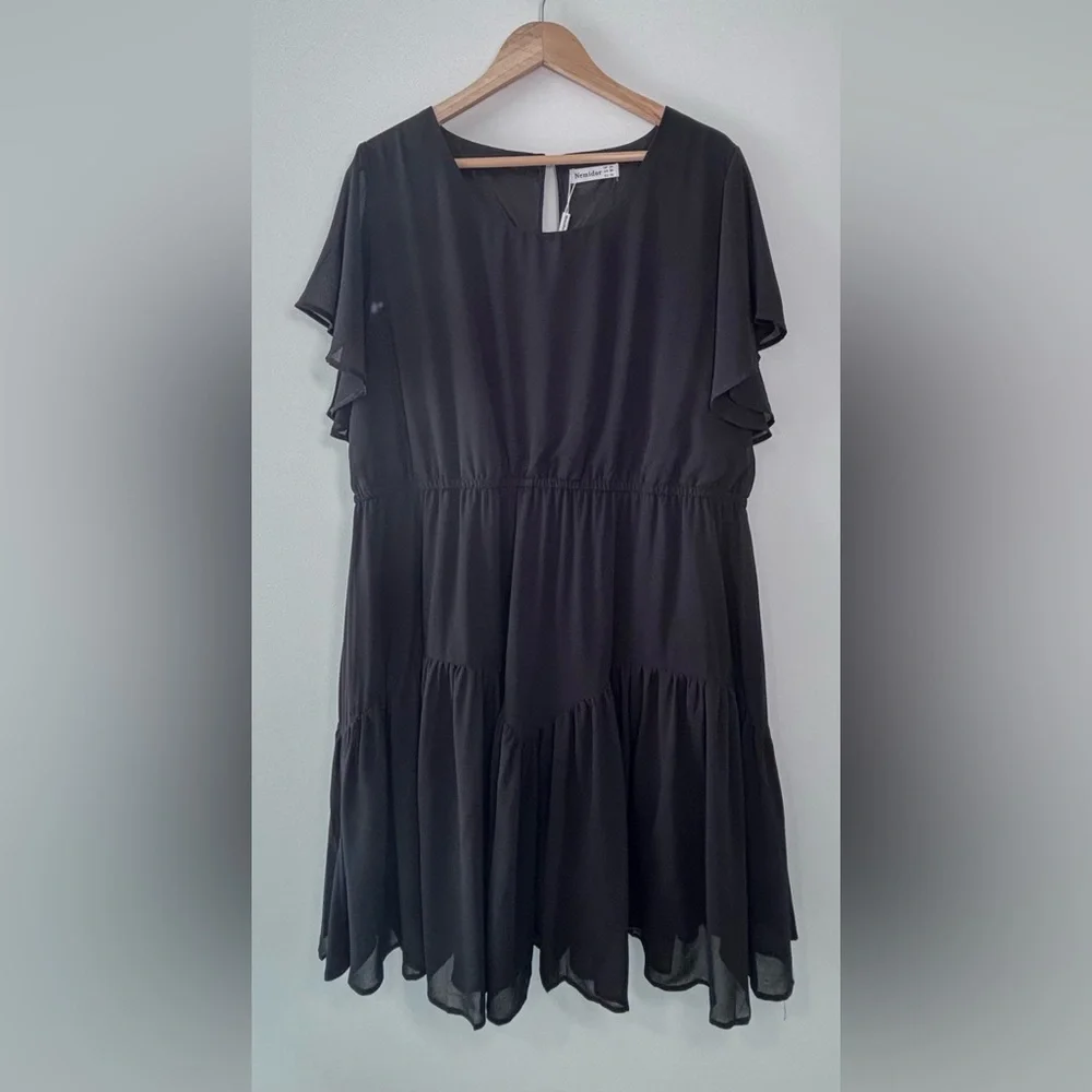 Amazon Black Flutter Sleeve Chiffon A-Line Knee Length Dress Plus Size 20 New - Picture 2 of 10